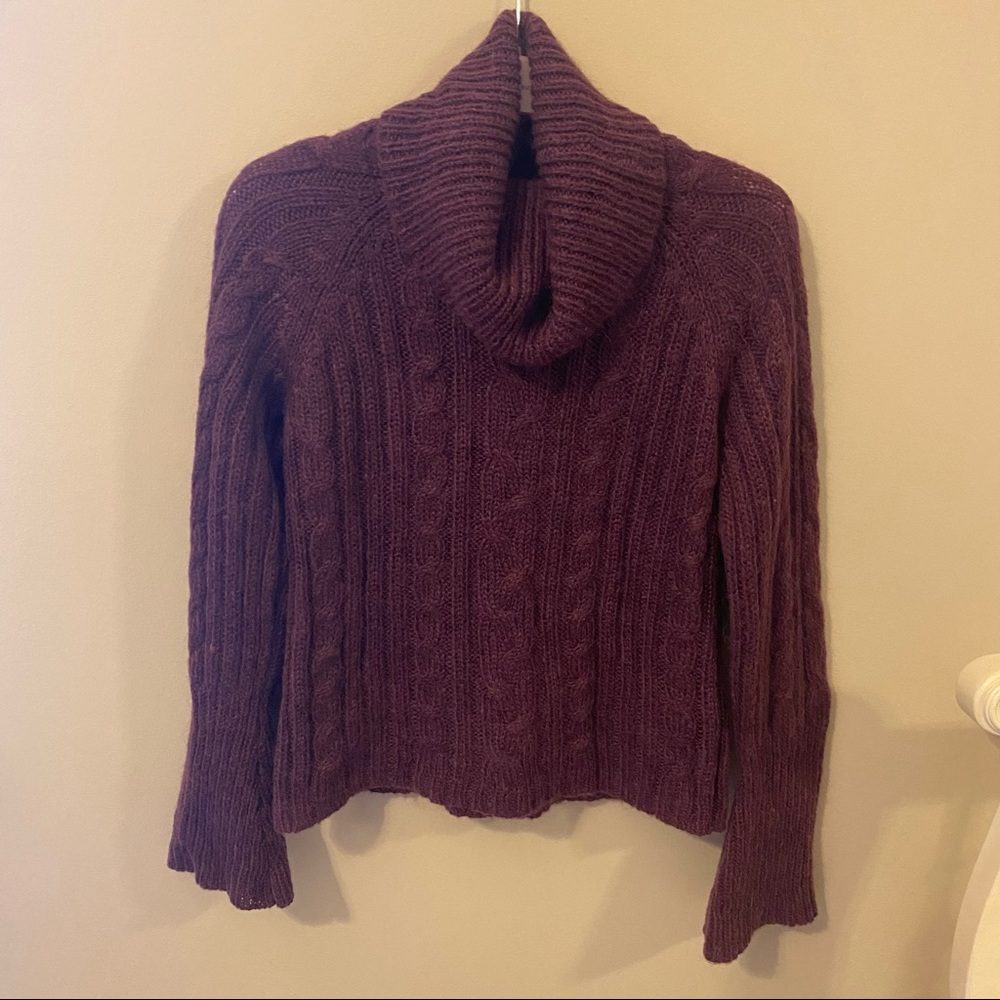 Garnet Hill Plum Purple Kid Mohair Wool Cable Knit neck sweater Bell Sleeve Boho